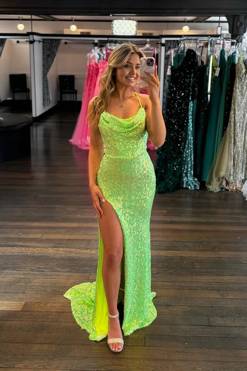 Mermaid Sparkly Cowl Neck Green Sequins formal dress evening gown Long Prom Dresses with Slit